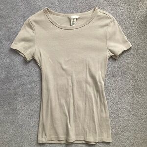 H&M Short-Sleeve Ribbed Tee - Light Cream